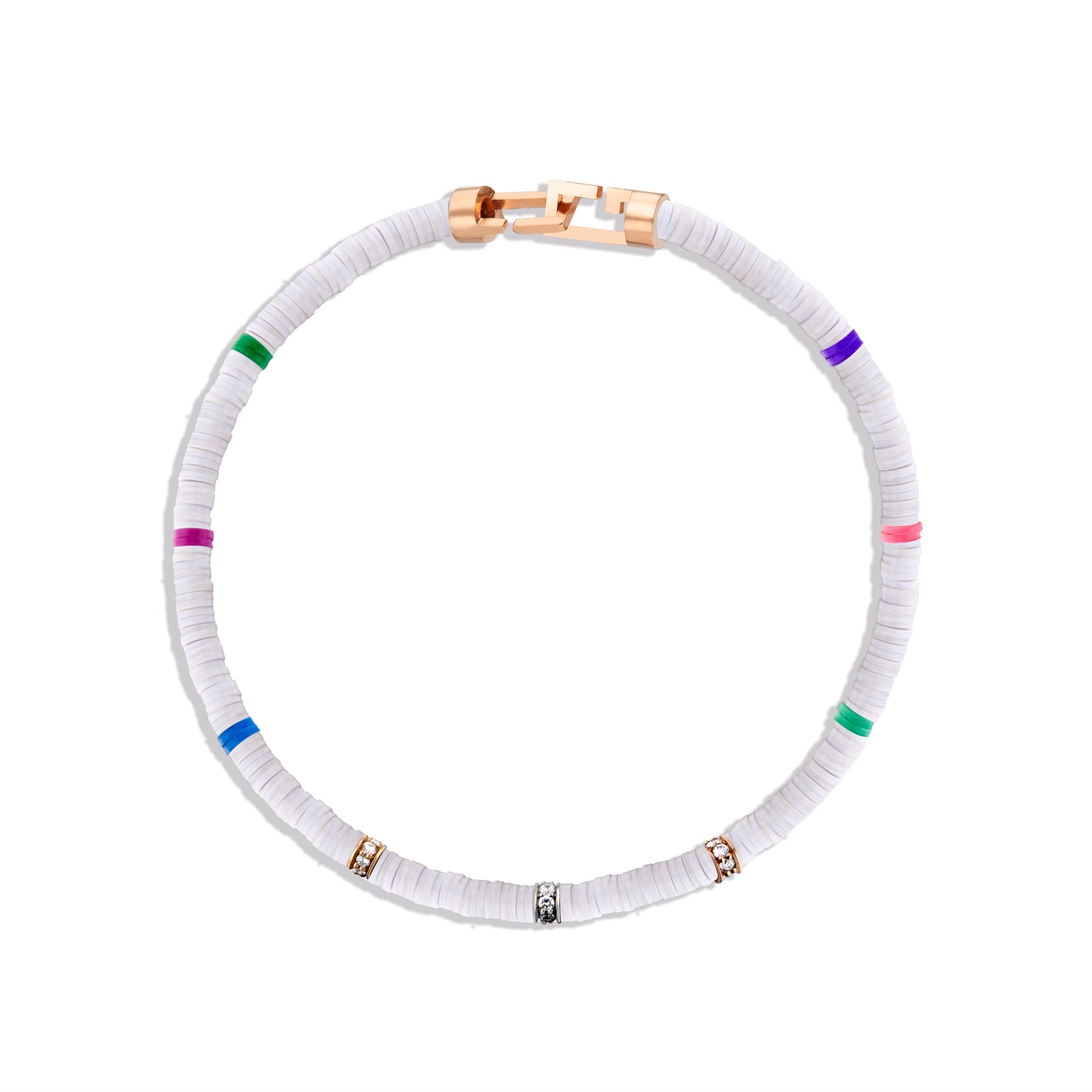 3mm White Heishi Bead Bracelet with Diamond Heishi Accents & 14k Gold Clasp